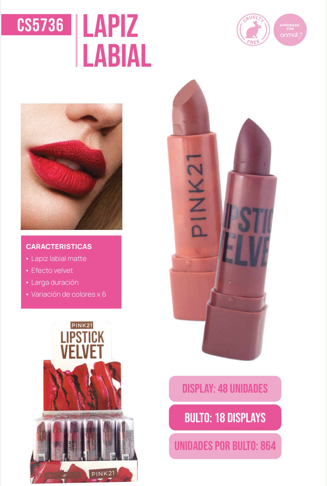 lapiz labial mate lipstick velvet pink 21  cs5736